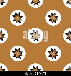 Holiday gold seamless Merry Christmas pattern of repeating elements - white circles with poinsettia in the center. Vector illustration in a festive. Stock Vector