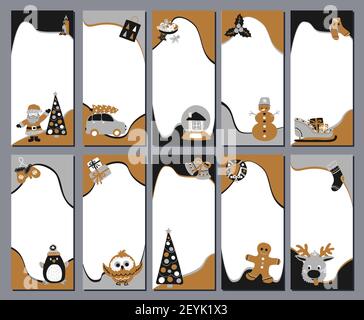Set of 10 Christmas stories template for social networks in the style of Scandinavian simple hand drawing. Holiday frames in layers for photo. Stock Vector