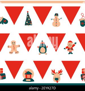 Christmas seamless border horizontal pattern of repeating red triangles and cute characters - Santa Claus, snowman, deer, penguin, gingerbread man. Stock Vector