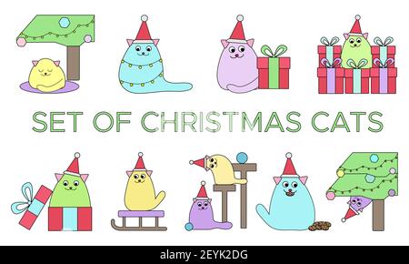 Merry Christmas set of holiday cats in cartoon style and pastel colors. Vector illustration - clip-art collection of cute pets, gifts, fir tree. Cute. Stock Vector
