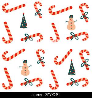 Seamless vector pattern New Year and Christmas in the style of Scandinavian simple hand drawing. Traditional holiday symbol - candy cane, bow, ribbon/ Stock Vector