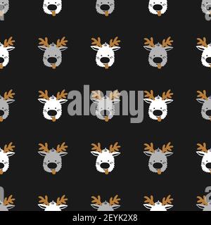 Seamless Merry Christmas pattern of repeating elements - funny deer on a black backdrop. Vector illustration in scandinavian style of hand drawing fla Stock Vector