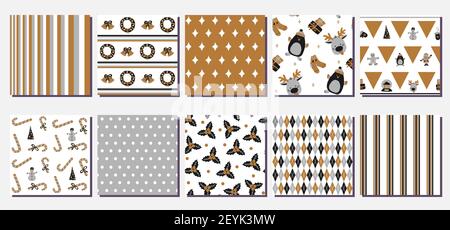 Set of 10 seamless Christmas vector patterns - includes funny backgrounds with cute holiday characters, symbols of winter and New Year, floral element Stock Vector