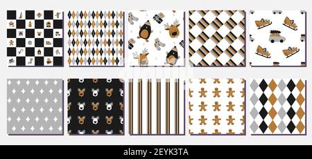 Set of 10 seamless Christmas vector patterns - includes funny backgrounds with cute holiday characters, symbols of winter and New Year, floral element Stock Vector