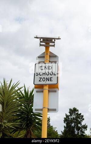 End school zone sign with sky background Stock Photo