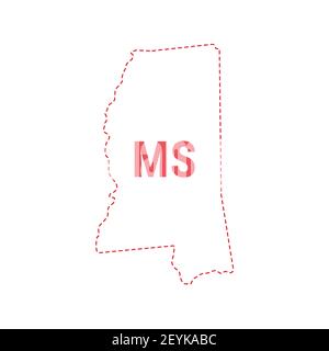 Mississippi US state map outline dotted border. illustration. Two-letter state abbreviation. Stock Photo