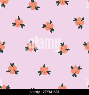 Ditsy pansy flowers seamless vector pattern. Delicate orange small scattered flowers on a pink background. Cute romantic Folk art flowers for fabric Stock Vector