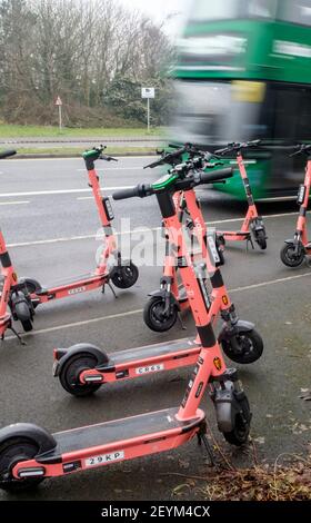 E-Scooters for hire in Bradley Stoke. Available as part of a trial in the West of England, provided by Voi. Stock Photo