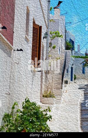 Flower   in the isle of greece antorini europe old house and white color Stock Photo