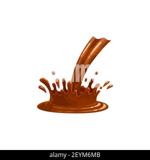 Chocolate pour and splash, liquid drop sauce, vector isolated icon. Chocolate flow of dark cocoa candy cream with swirls and pour splash drops and dri Stock Vector