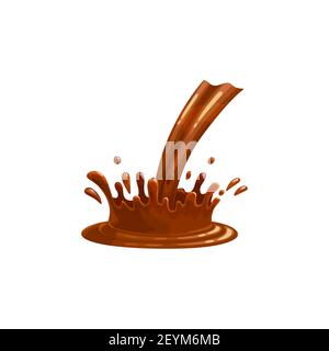Chocolate pour and splash, liquid drop sauce, vector isolated icon. Chocolate flow of dark cocoa candy cream with swirls and pour splash drops and dri Stock Vector