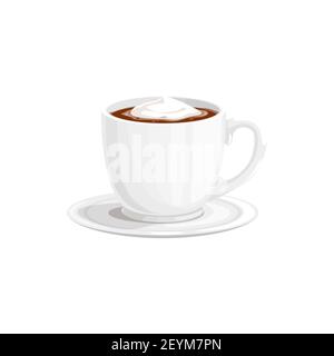 Chocolate hot cup or cocoa drink mug and coffee, vector icon. Hot chocolate or cocoa sweet drink with marshmallow or creamy milk foam in white cup on Stock Vector