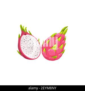 Pitaya fruit or pitahaya, tropical exotic food vector isolated icon. Pitaya dragon fruit half cut and whole, tropic farm exotic fruits harvest, juicy Stock Vector