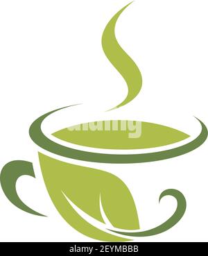 Cup of green steaming tea isolated drink of herb. Vector herbal beverage with fresh leaf Stock Vector