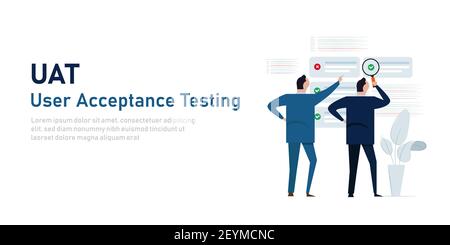 UAT user acceptance testing process in system development by businessman looking check mark list Stock Vector