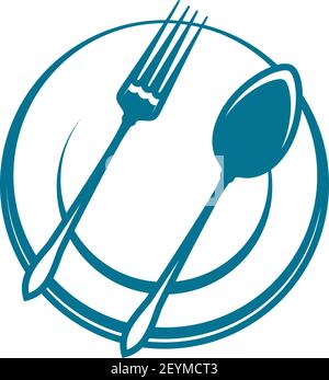 Spoon and fork on plate isolated restaurant or cafe logo. Vector utensils and dishware Stock Vector