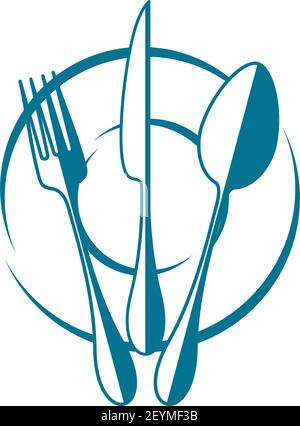 Knife, folk and spoon on plate isolated table setting. Vector kitchen utensils, cutlery logo Stock Vector