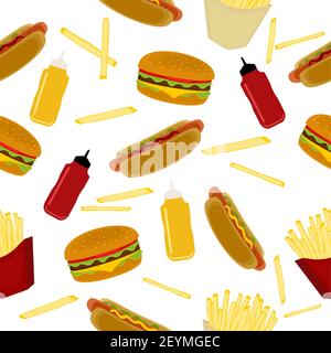 Fast food seamless background with hot dog, hamburger, french fries, sauces. Colorful vector stylized seamless pattern, cartoon flat design Stock Vector