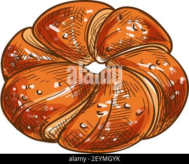 Bakery product vector, bun with sweet powder sketch icon. Pastry food of wheat dough Stock Vector