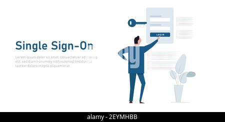 single sign-on login protection password businessman validation digital security web internet Stock Vector