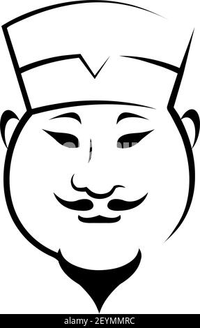 Chinese chef contour vector illustration. Japanese restaurant logo design idea. Traditional cuisine, culinary isolated emblem, badge. Cook chef with m Stock Vector