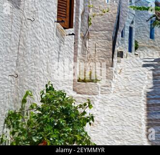 Flower   in the isle of greece antorini europe old house and white color Stock Photo