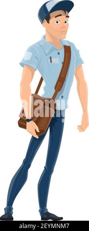 Mailman with sack vector icon. Male postman isolated, courier in uniform, postal worker Stock Vector