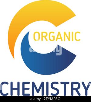 Organic chemistry vector sign. Laboratory research technology concept. Organic bio laboratory vector emblem. Chemistry laboratory badge in yellow and Stock Vector