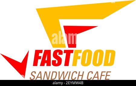 Letter F icon for fast food sandwich cafe or fastfood restaurant design. Vector geometric arrow symbol of letter F for burger or cheeseburger street f Stock Vector
