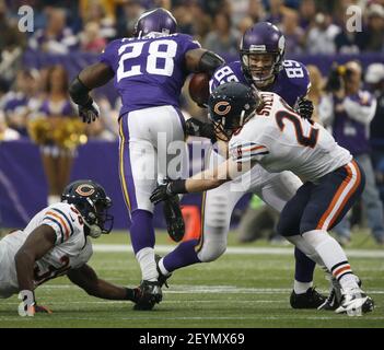 Chicago Bears cornerback Zack Bowman (L) brings down Minnesota Vikings wide  receiver Greg Lewis after a 27-yard reception during the fourth quarter at  Soldier Field in Chicago on December 28, 2009. The