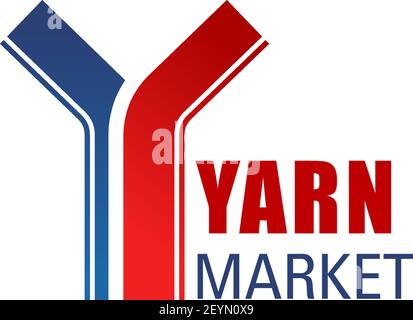 Yarn market vector icon isolated on a white background. Creative badge for handmade products shop, ball of yarn. Thread shop sign in blue and red colo Stock Vector