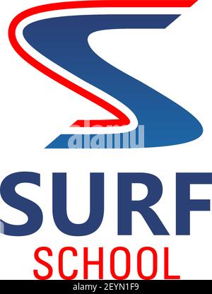 Surf school vector sign. Creative vector emblem in red and blue colors for surfing school. Ocean and sea entertainment and water sport concept. Colorf Stock Vector