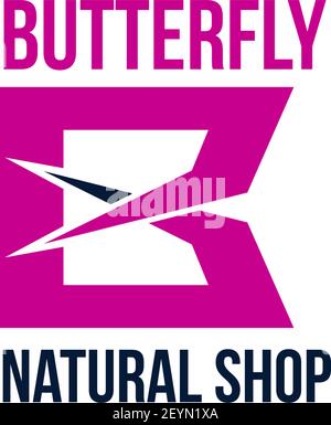 Butterfly natural shop vector sign. Vector emblem for eco products shop. Concept of ecology and organic. Creative badge in magenta colors for organic Stock Vector