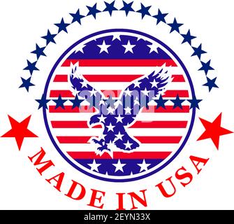 Vector icon made in USA isolated on a white background. Creative patriotic badge with eagle and flag of USA. Emblem for branding of products made in U Stock Vector