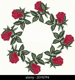 Circular frame with red roses. Red garden flowers, round rim.Vector. Stock Vector