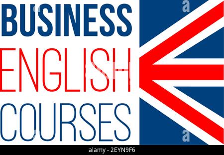 Business English courses vector sign isolated on a white background. Studying foreign languages concept. Creative badge for English language school or Stock Vector
