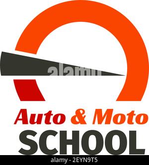 Auto Moto school vector sign. Creative emblem for driving school. Driving car school vector emblem. Abstract badge in red and gray colors, concept of Stock Vector
