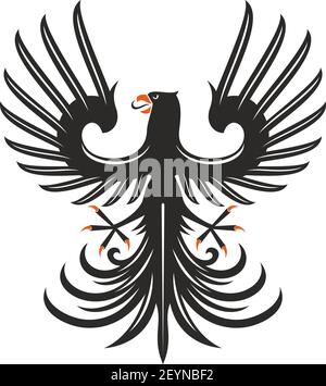 Heraldic eagle isolated bird with open wings. Vector black falcon or hawk with spread feather tail Stock Vector