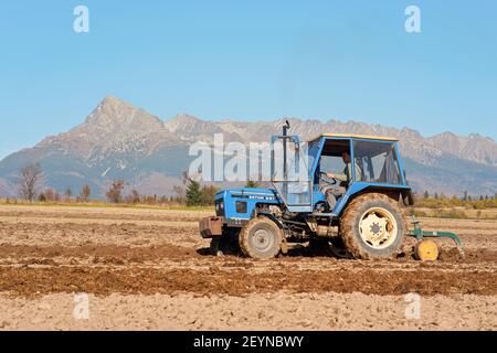 Vychodna, Slovakia - October 13th, 2018: Blue tractor plow field, preparing dry ground in autumn. Sunny day, mount Krivan (Slovak symbol) background. Stock Photo
