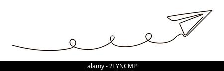 One continuous line drawing of a flying paper airplane. Modern one line draw graphic design. Ek Vector illustration isolated on white background Stock Vector