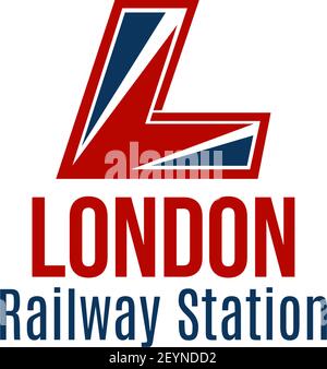 London railway station vector icon isolated on white background. Symbol of locomotive or train, abstract badge in red and blue colors. Concept of tran Stock Vector