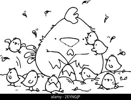 vector cartoon fat hen and chicks Stock Vector