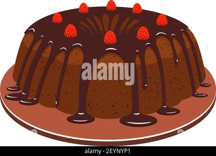 Cake with chocolate topping and strawberries isolated sweet bakery food. Vector cocoa dessert on plate Stock Vector