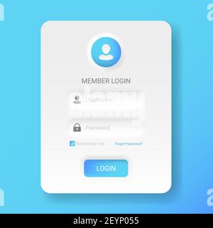 Member login menu in neomorphic or Neomorphism style, modern 2020 minimalistic white design UI UX kit, vector illustration easy to edit. Stock Vector