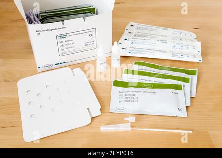 SARS-CoV-2 Antigen Rapid Qualitative Test Kit. Coronavirus Covid-19 lateral flow testing kits for use by healthcare workers and schools etc by Innova Stock Photo