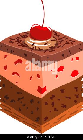 Layer chocolate cake topped by cherry isolated piece. Vector pastry dessert, bakery food Stock Vector