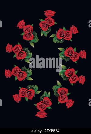 Frames - a bouquet of three red roses. Flowers on the black background of the A4, vertical image. Isolate. Plants Stock Vector