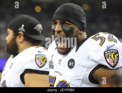 Baltimore Ravens' Ray Lewis reacts after hitting Tampa Bay