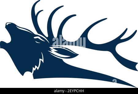 Roaring deer isolated black silhouette of red elk stag. Vector reindeer buck, head with antlers Stock Vector