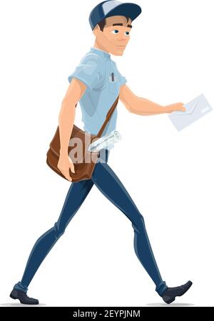 Postman delivering letter vector isolated character. Delivery man with bag and envelope in hand Stock Vector
